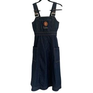 Denim Midi Pinafore Dress with Floral Appliqué - Dark Blue